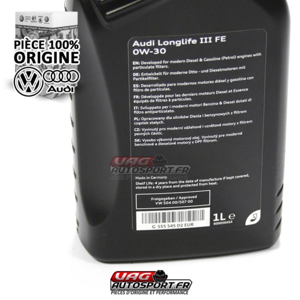 Huile moteur Originale - 1L Longlife III - SAE 0W30 VW Norme 50400 50700 - GS55545D2 – Image 2