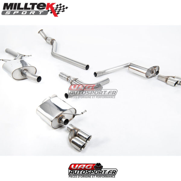Demi-ligne (CatBack) - Avec silencieux intermédiaire - Nécessite spoiler S4 3.0T - Homologué - Sorties Quad GT80 - Audi A4 2.0 TFSI S-Line B8 - SSXAU249 - Milltek
