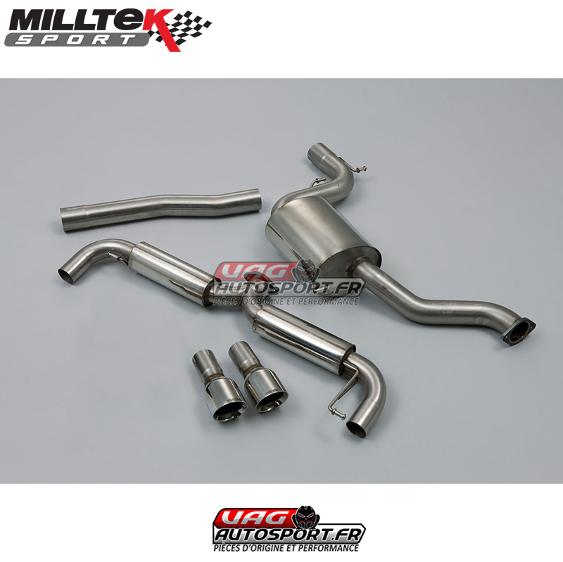 Demi-ligne (CatBack) – Avec silencieux intermédiaire – Ligne Race 76 mm – Sorties Dual GT100 – VW Golf Mk6 GTi 2.0 TSI 210cv (EA888.2) – SSXVW145 – Milltek